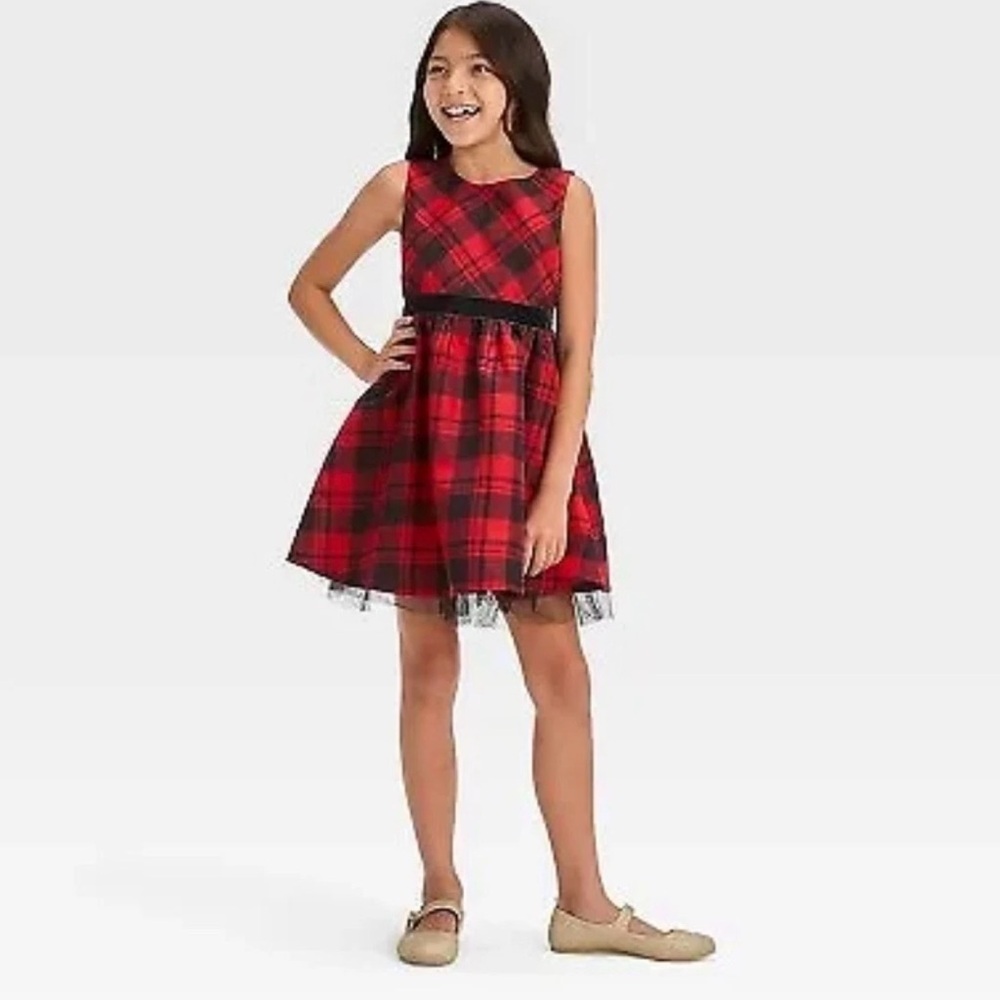 Cat & Jack Red and Black Plaid Sleeveless Tulle Lined Christmas Dress Med.(8)NWT
